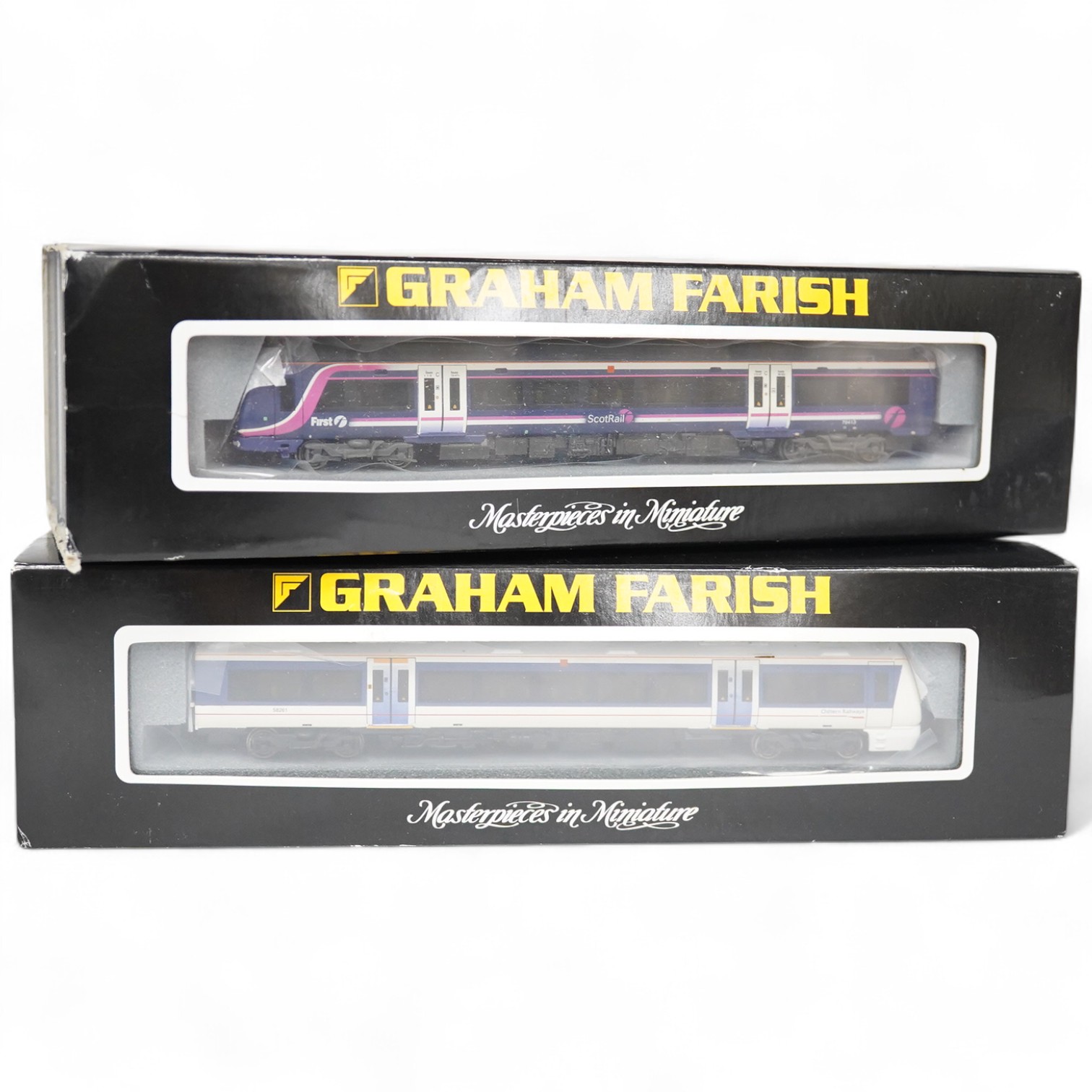 Two boxed Graham Farish N gauge railway DMU train packs; a Scotrail 170/4 3-car DMU (371-428), and a Chiltern Railways 168/1 3-car DMU (371-435). Condition - good.